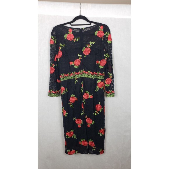 David Meister Lace Midi‎ Dress 14 Black Embroidered Red Roses Whimsy Regencycore - Picture 2 of 6